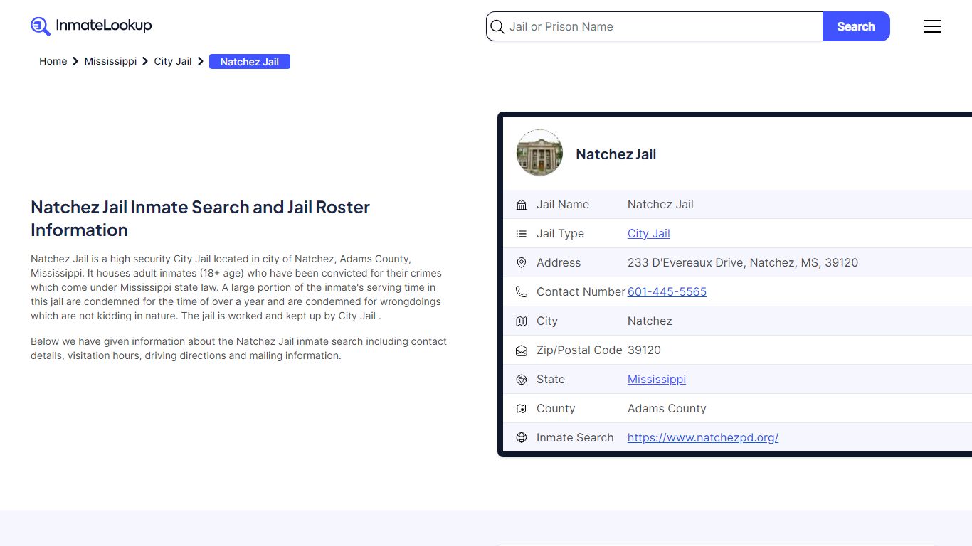 Natchez Jail (MS) Inmate Search Mississippi - Inmate Lookup