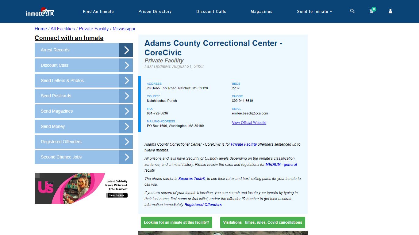 Adams County Correctional Center - CoreCivic - Inmate Search - Natchez, MS