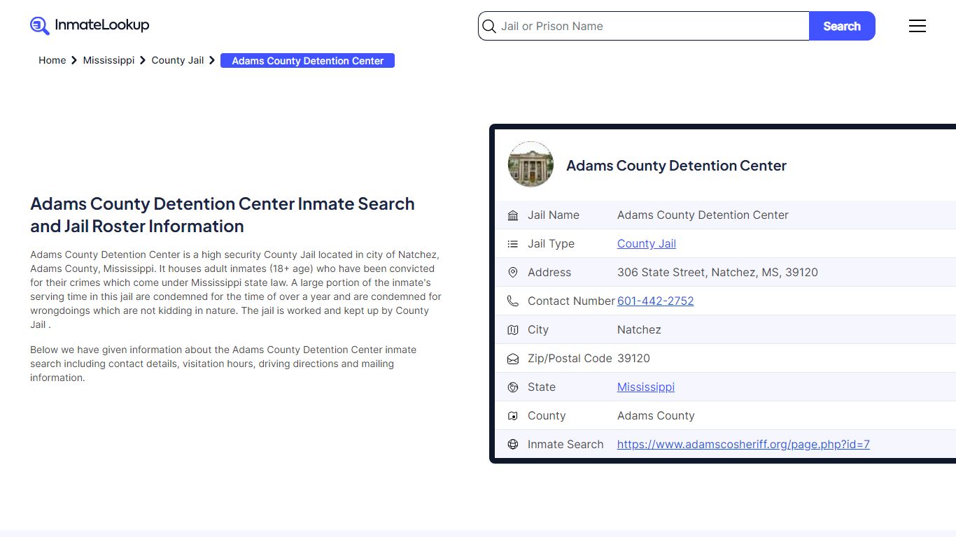 Adams County Detention Center Inmate Search - Natchez Mississippi ...